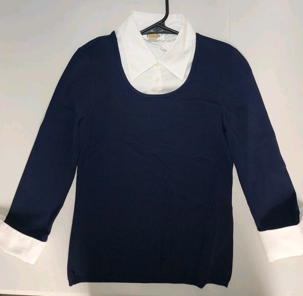 Y2K Talbots Petites Womens P Black Faux Layered Sweater Top White Collar...